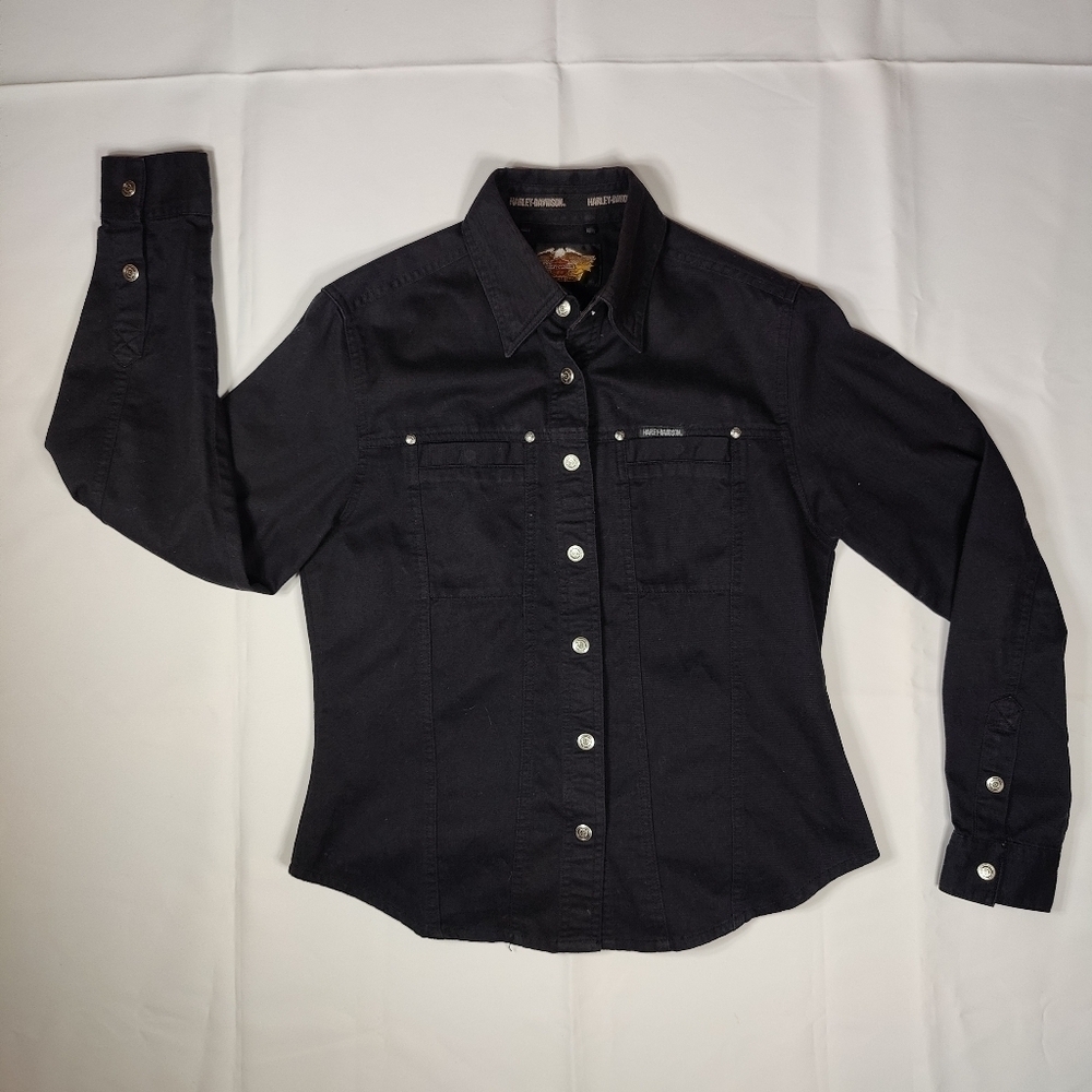 Harley Davidson Performance Snap Long Sleeve Shirt Black Eagle Women's XS Biker - Picture 2 of 15